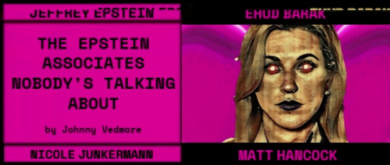 Image depicting a graphic with a pink background featuring text about Jeffrey Epstein and his associates, including titles and names like 'THE EPSTEIN ASSOCIATES NOBODY'S TALKING ABOUT' by Johnny Vedmore. The right side shows an illustrated figure of a woman with notable features.