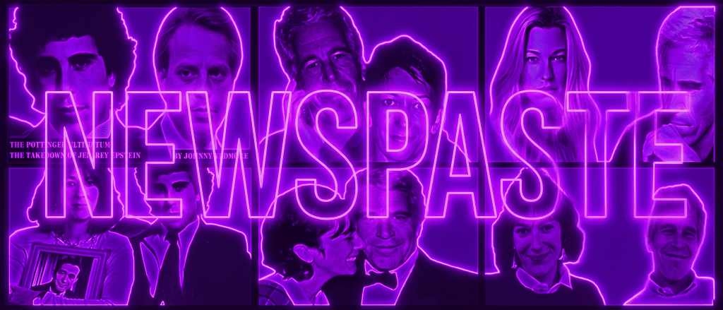 A graphic collage featuring various monochromatic portraits of individuals, highlighted with a neon purple effect. The word 'NEWSPASTE' is prominently displayed in the center with a bold, glowing font.