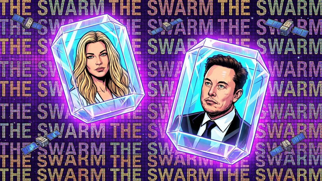 Digital illustration featuring two characters encased in crystal-like shapes, set against a colorful background with the repeated text 'THE SWARM'. Astronaut-themed graphics and satellite designs are included.