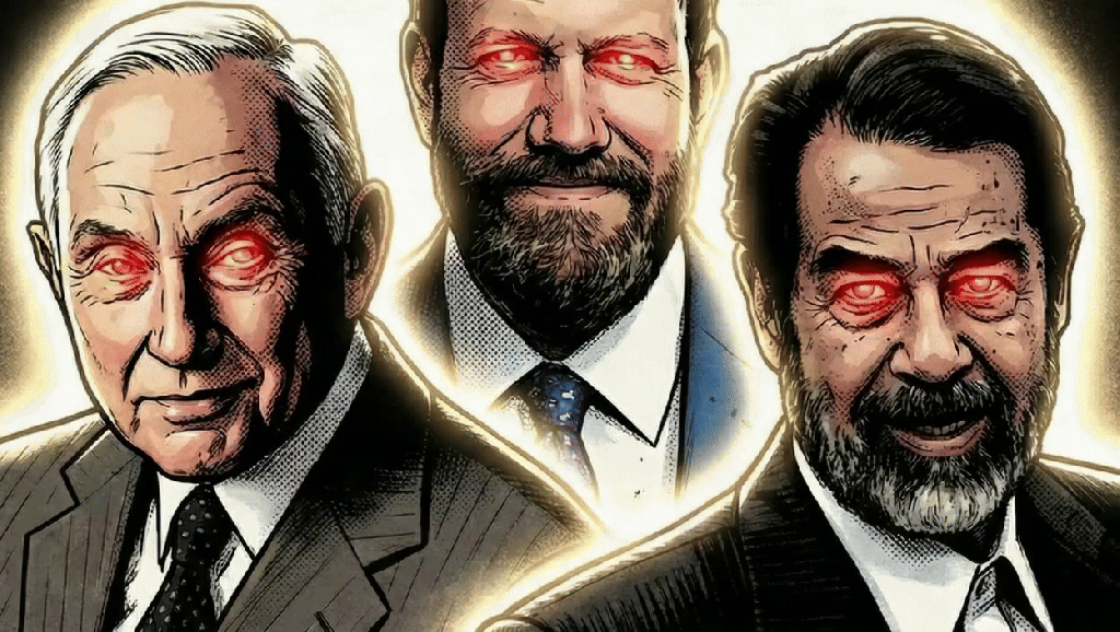 Three illustrated male figures with glowing red eyes, against a bright background. The characters have distinct facial features and are dressed in formal attire, suggesting a dramatic or sinister theme.