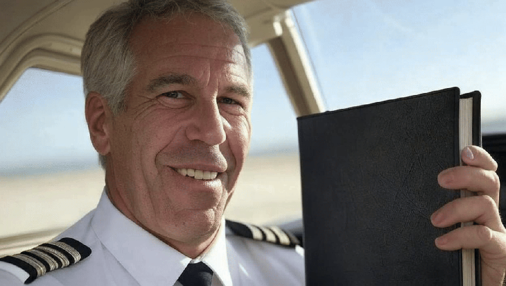 A smiling pilot holding a black notebook inside an airplane cockpit with a blurred sky in the background.