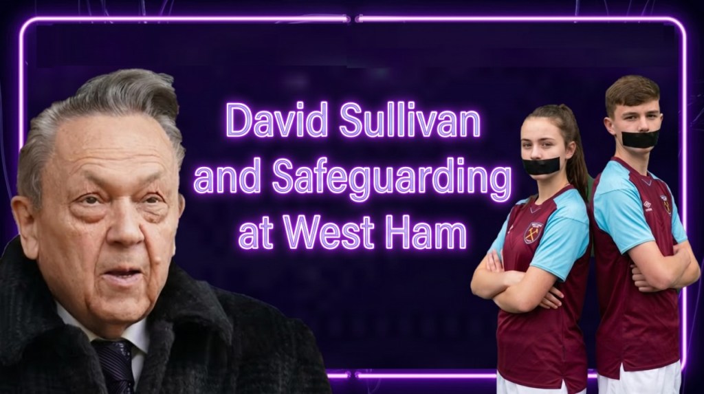 A composite image featuring David Sullivan alongside two young athletes wearing West Ham football kits, all with black tape over their mouths, against a purple neon background with the text 'David Sullivan and Safeguarding at West Ham'.